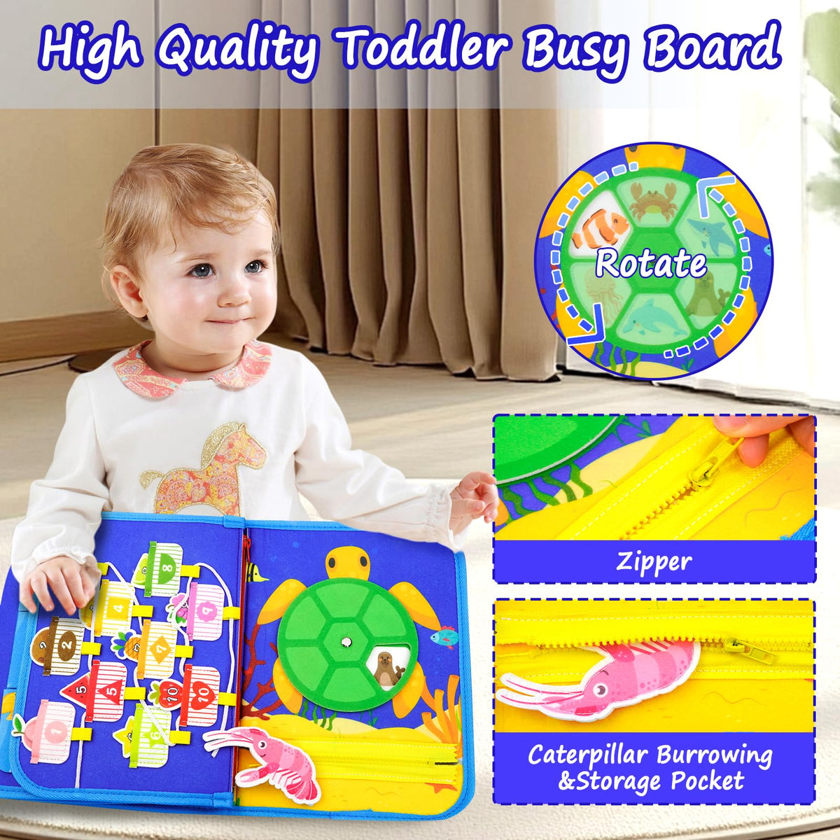 Letoya Ocean Busy Board teaches numbers, letters, and colors through interactive pages.