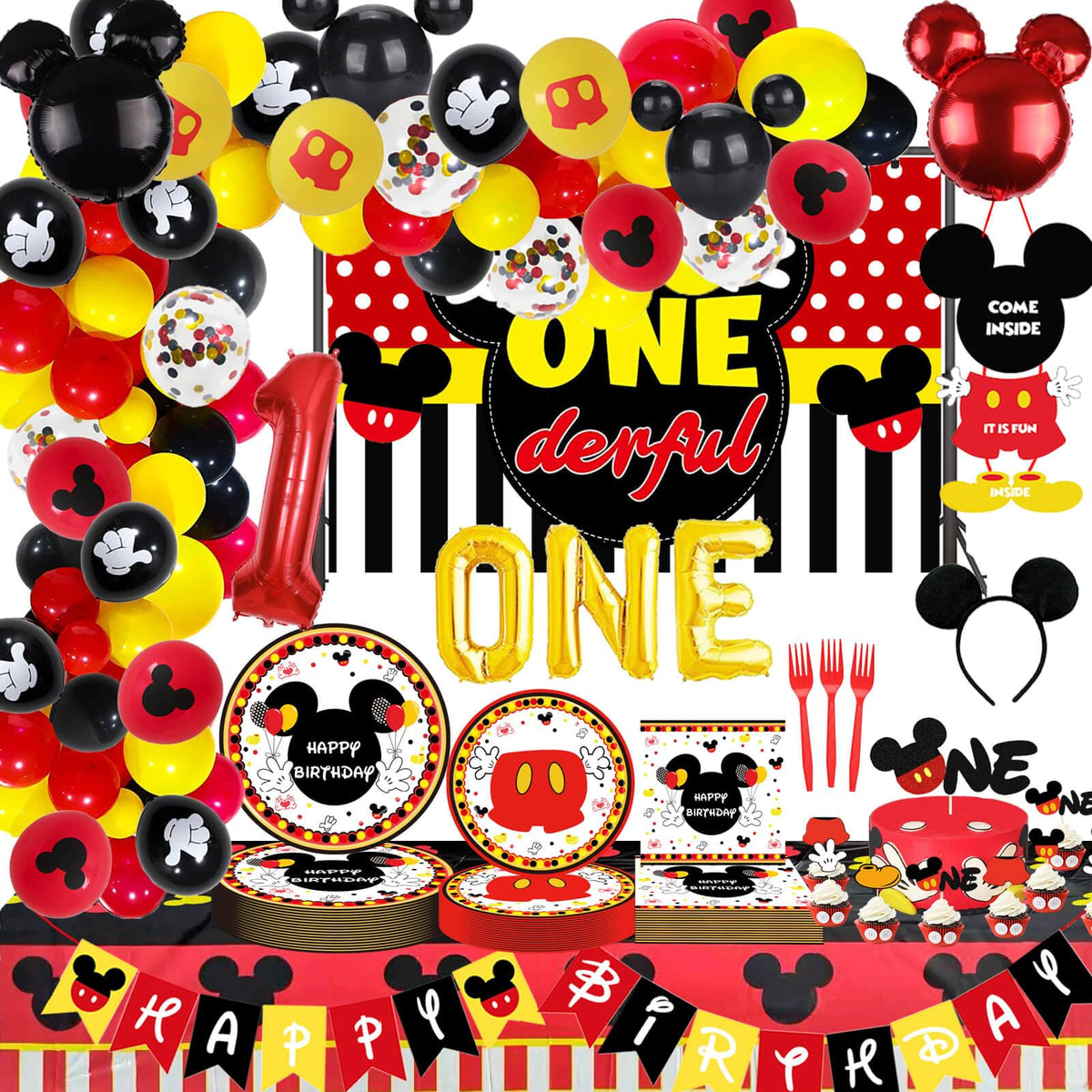 Letromp Boys Onederful arch garland with red balloons creates a festive first birthday backdrop.