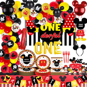 Letromp Boys Onederful arch garland with red balloons creates a festive first birthday backdrop.