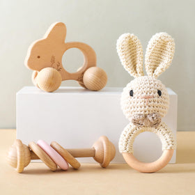 Let's Make Wooden Baby Rattle in beechwood for durable, safe play.