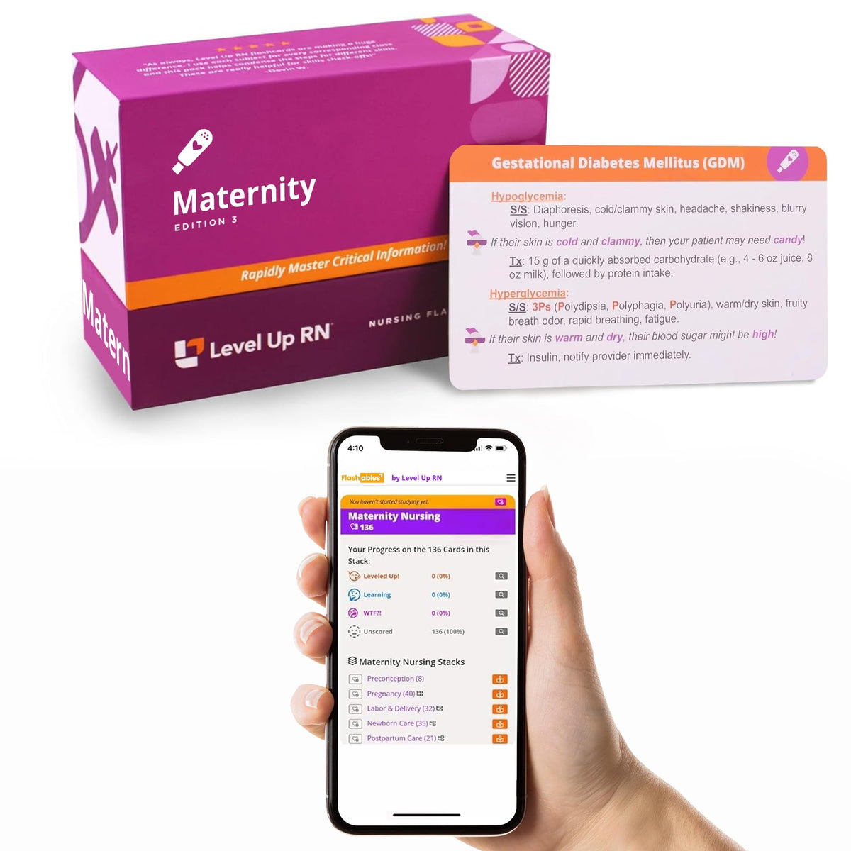 Level Up RN maternity flashcards front cover; compact study deck for essential topics