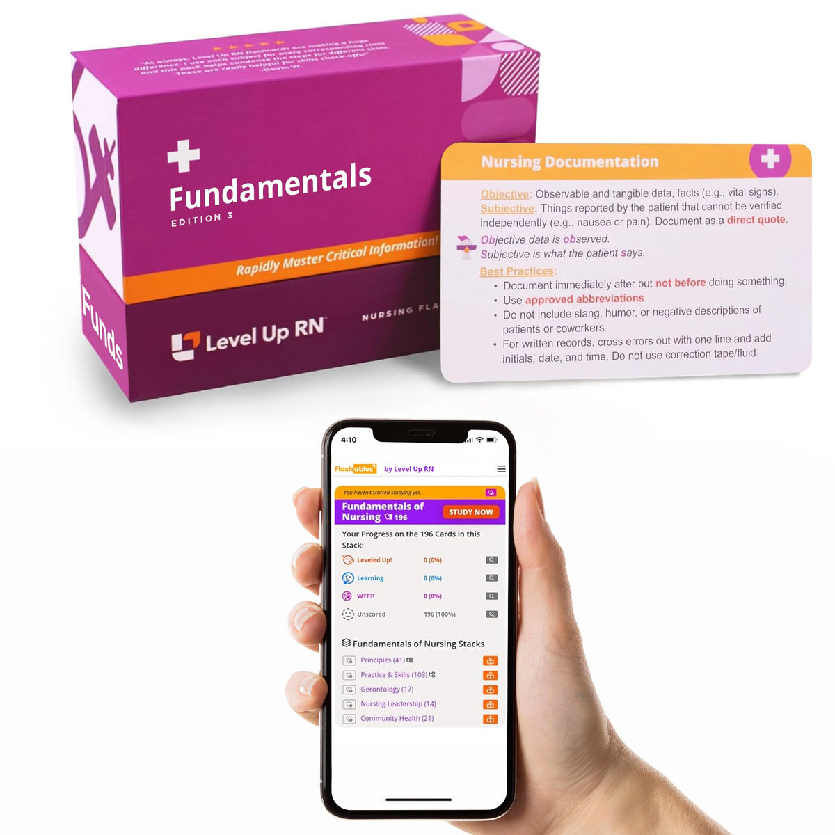 Level Up RN nursing fundamentals flash cards packaging for easy study organization.