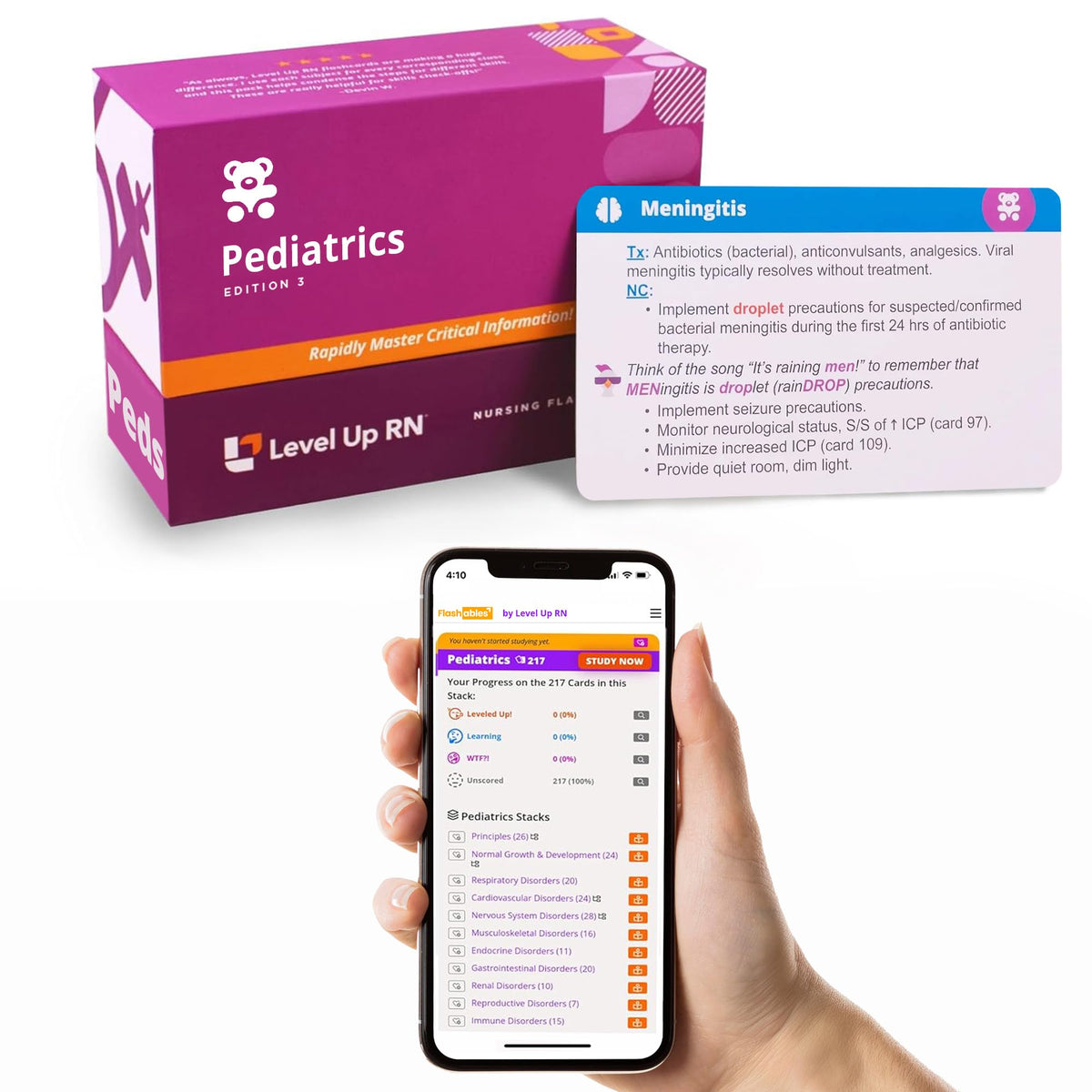 Level Up RN pediatrics flash cards front cover highlighting compact study set