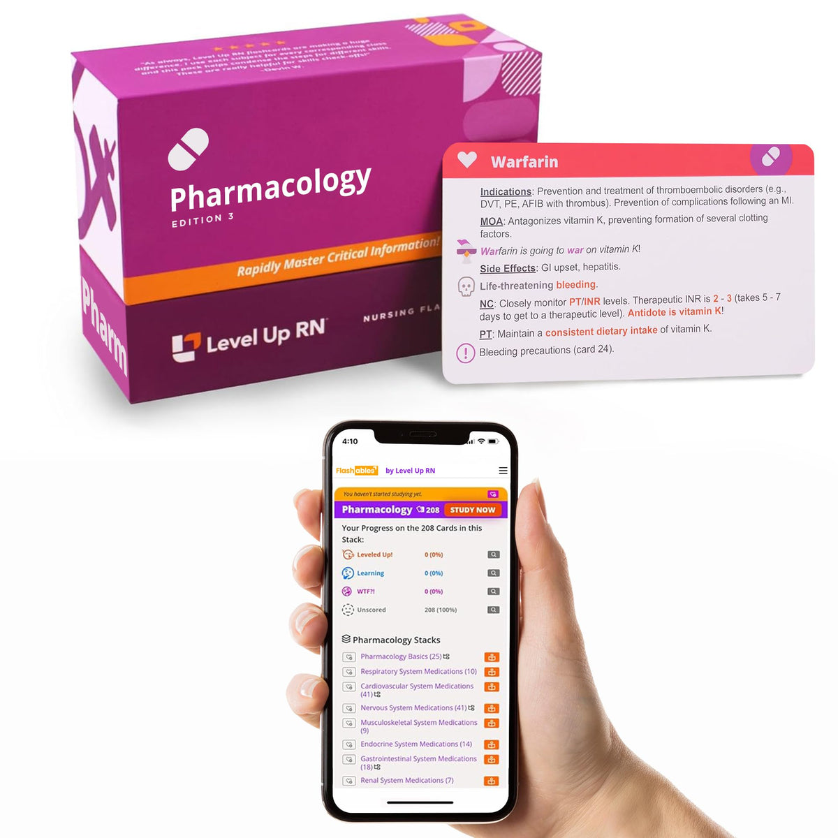 Level Up RN Pharmacology flashcards box front for quick, organized exam prep.