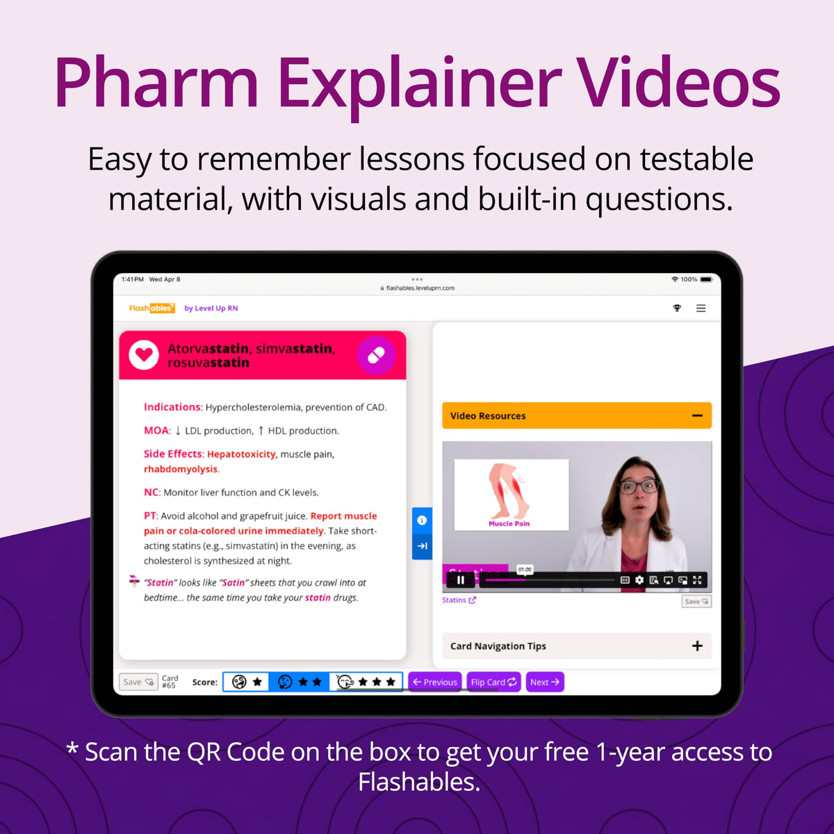 Level Up RN flashcards card back reveals dosage and safety notes for study.