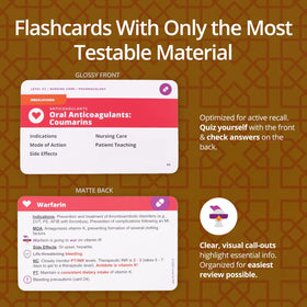 Level Up RN pharmacology card front highlights key drug facts at a glance.
