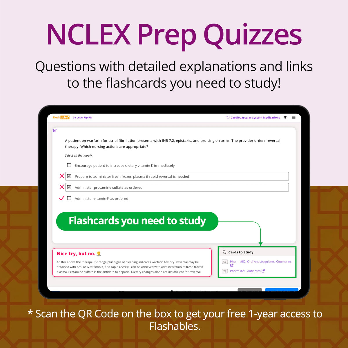 Level Up RN flashcards QR code prompt for digital explainer videos access.