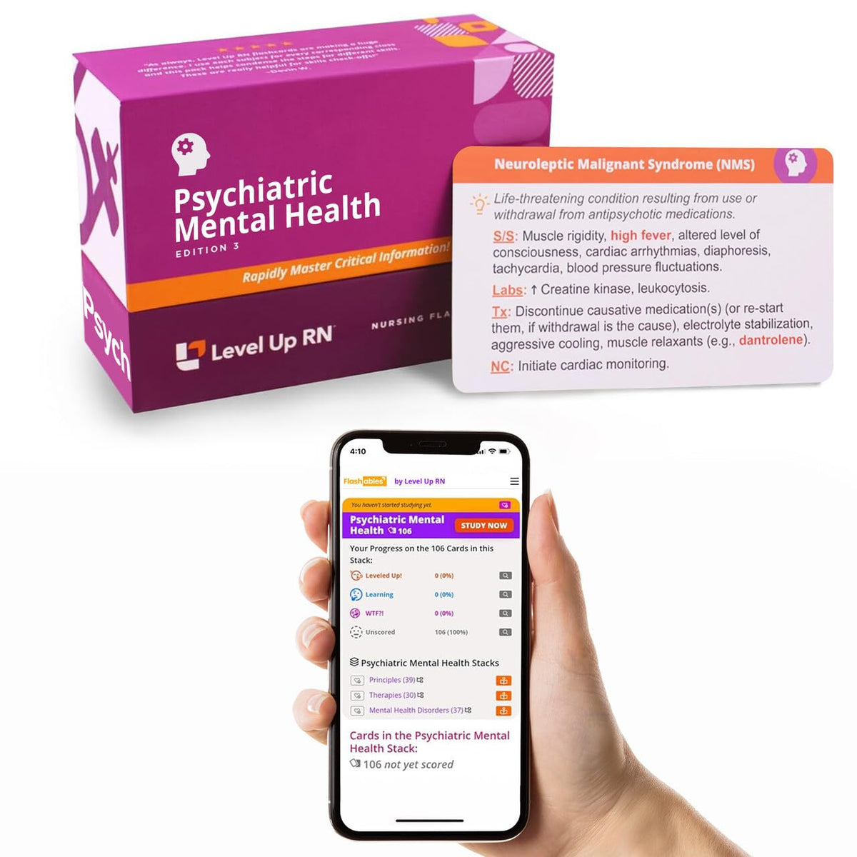Level Up RN psychiatric flashcards cover showing essential exam content