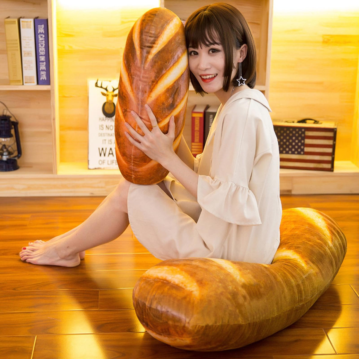 Levenkeness 80 cm bread plush pillow demonstrates size-friendly comfort.