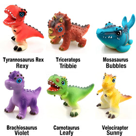 LEWAN Dinosaur Adventure Crew Sunny Velociraptor squishy toy for storytelling and fine motor play.