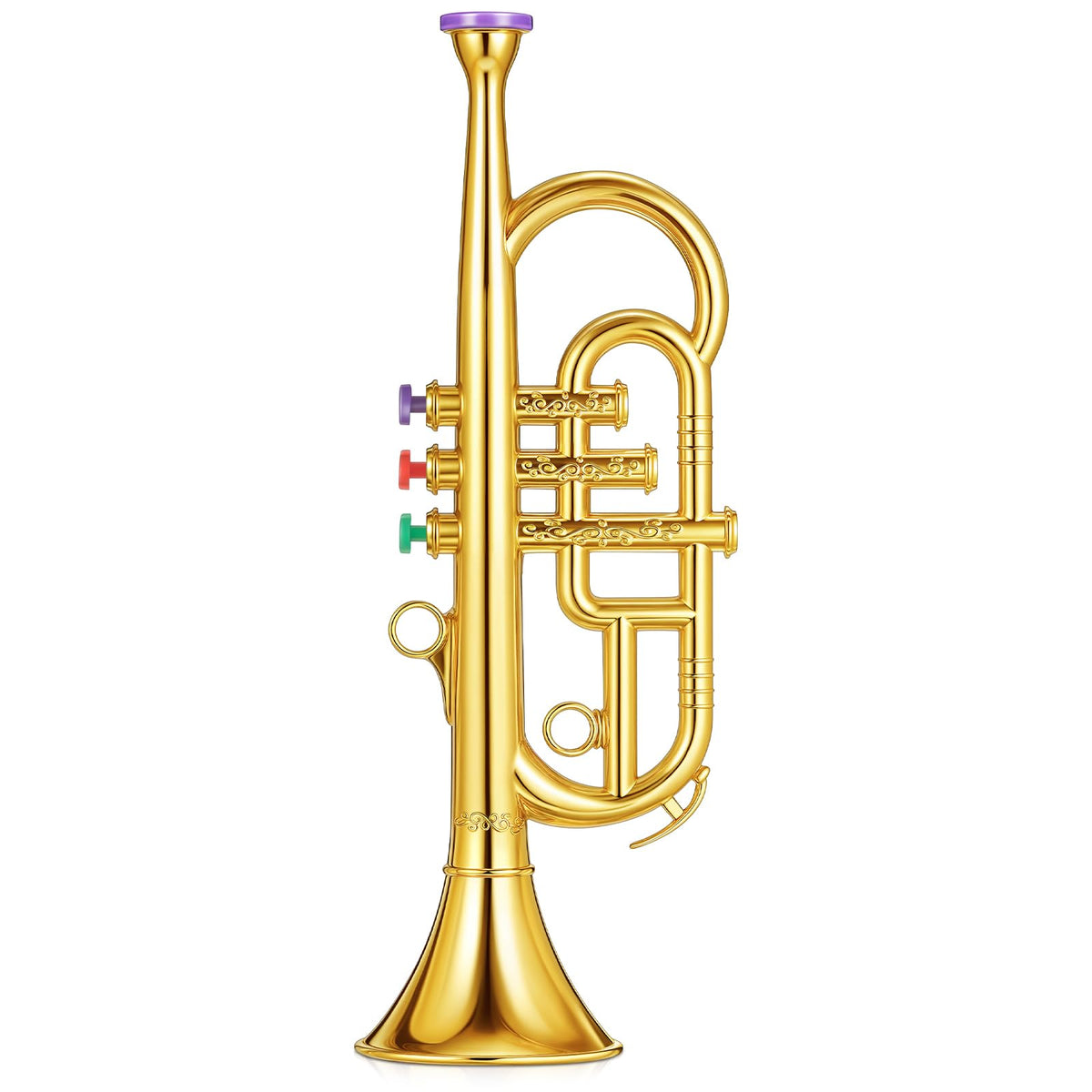 Lewtemi Gold three-valve trumpet toy, kid-friendly starter instrument for music exploration.