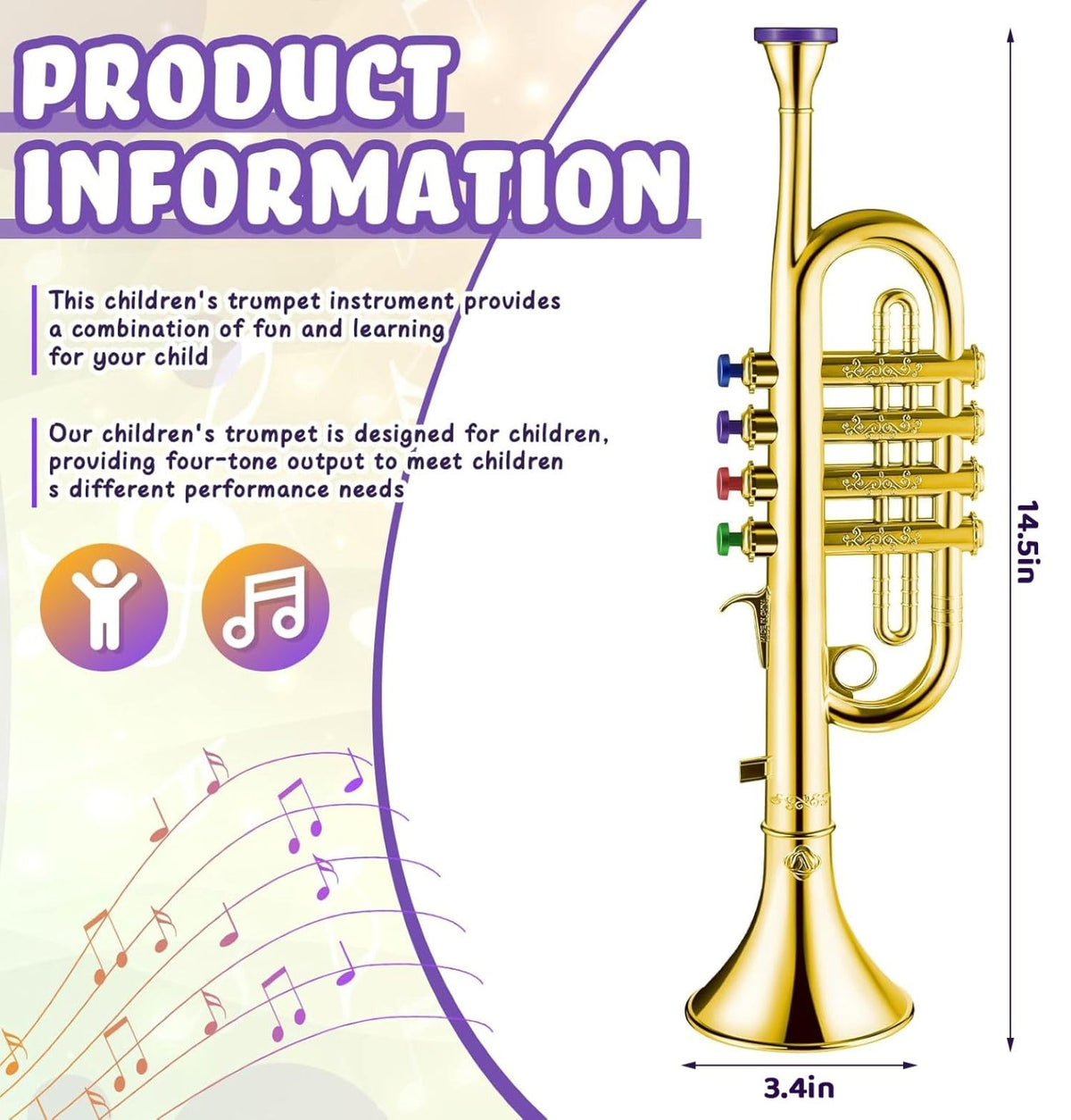 Lewtemi Gold Trumpet Toy side view showcases bright color keys for visual interest and engagement.