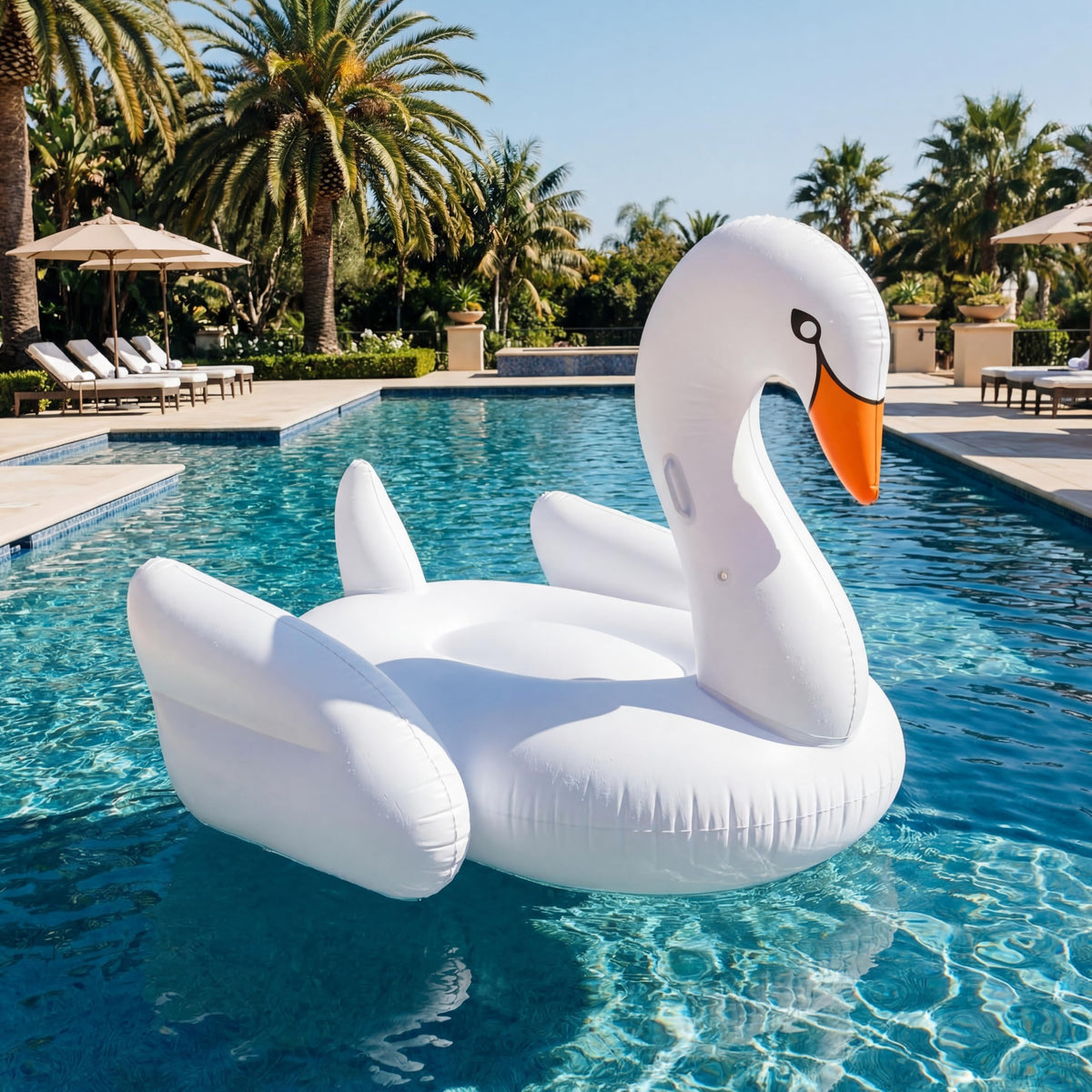 Lewtemi goose inflatable pool float 65x54 inches for spacious sunbathing and playful selfies.