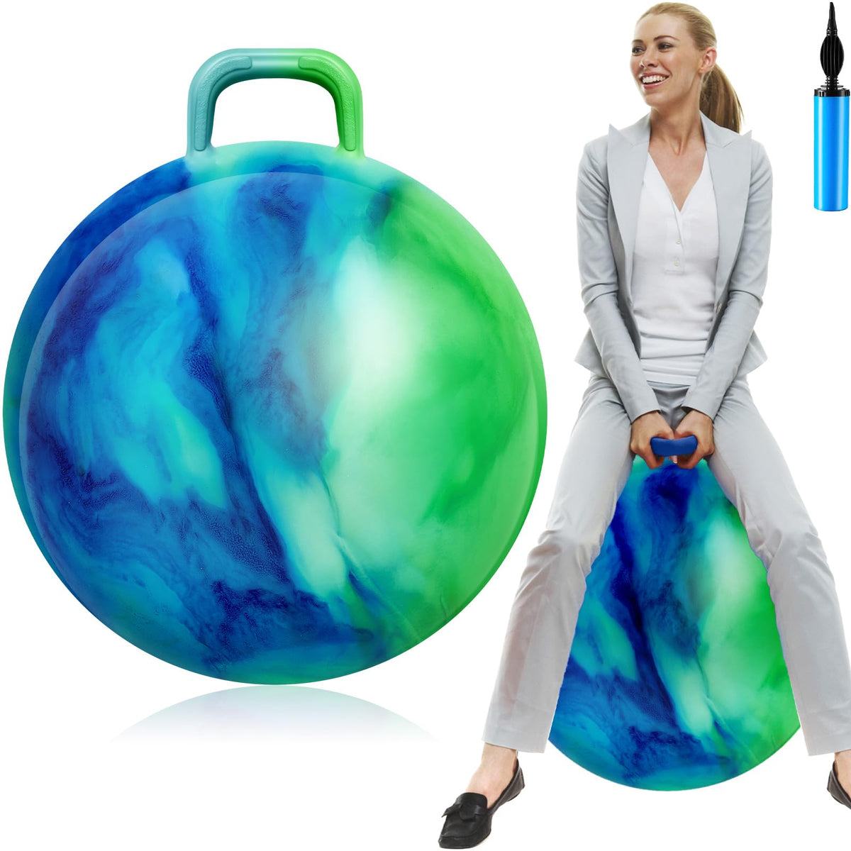 Lewtemi hopper ball for adults with 31 inch diameter in blue green cloud color, ready for activity