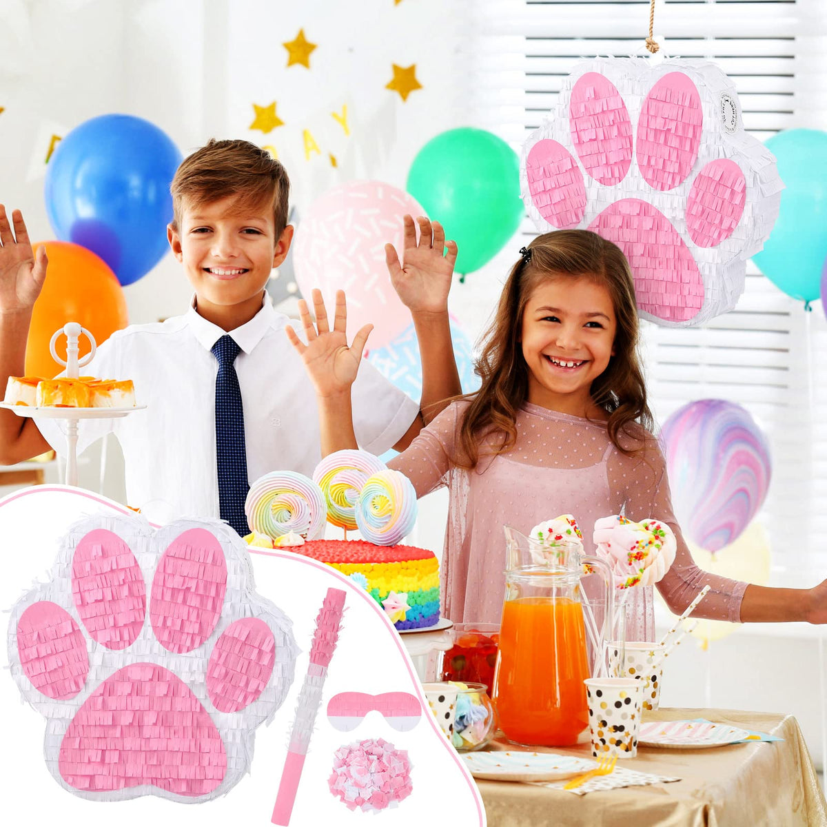 Lewtemi paw pinata confetti bag, releases colorful sprinkles for celebration.