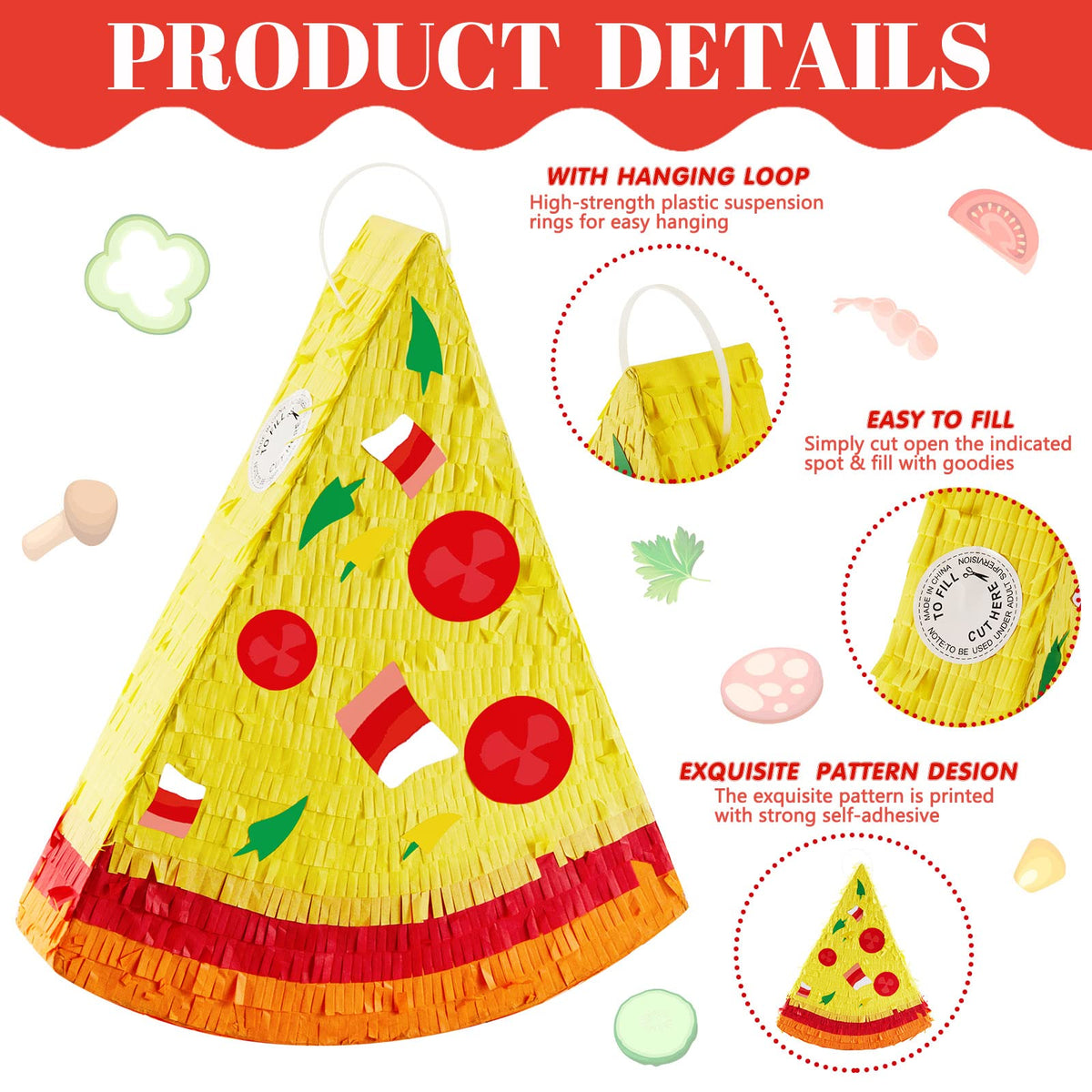 Lewtemi Pizza Piñata filled with confetti and sweets adds surprise.
