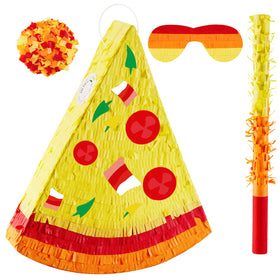 Lewtemi Pizza Piñata hanging as festive decor and party entertainment.