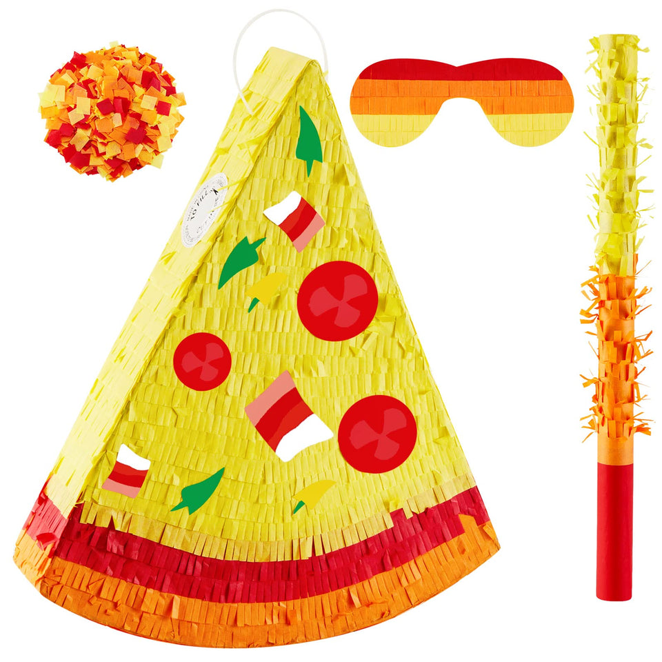 Lewtemi Pizza Piñata hanging as festive decor and party entertainment.