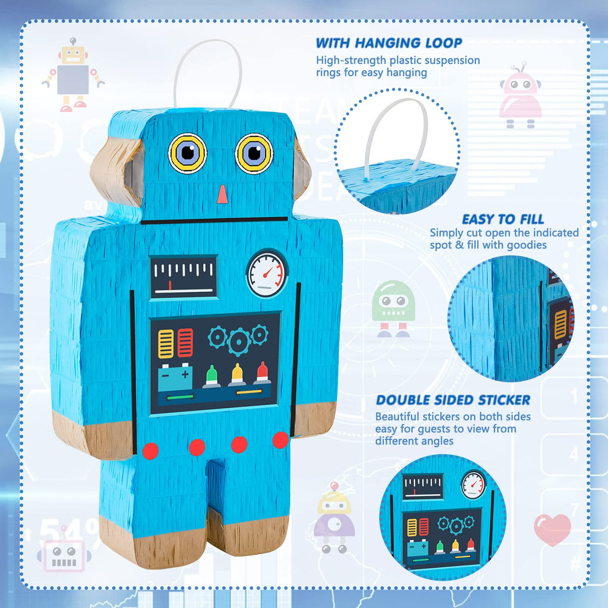 Lewtemi Robot Piñata blindfold ready to add suspense.
