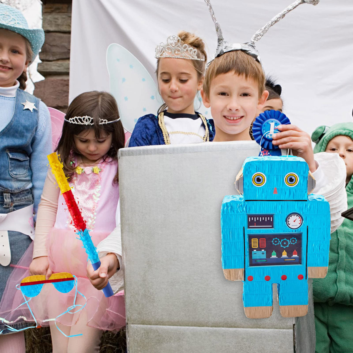 Lewtemi Robot Piñata filling opening with sticker secures treats during play.