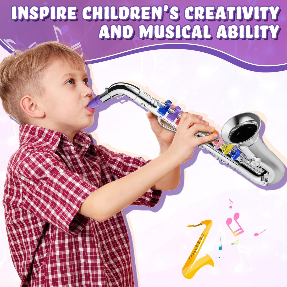 Lewtemi saxophone toy in kids' hands demonstrating playful exploration.
