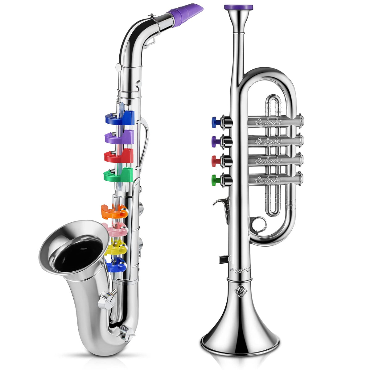 Lewtemi saxophone and trumpet set on display in silver for beginner musical exploration.