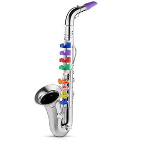 Lewtemi silver saxophone toy for kids with colorful keys for easy play.