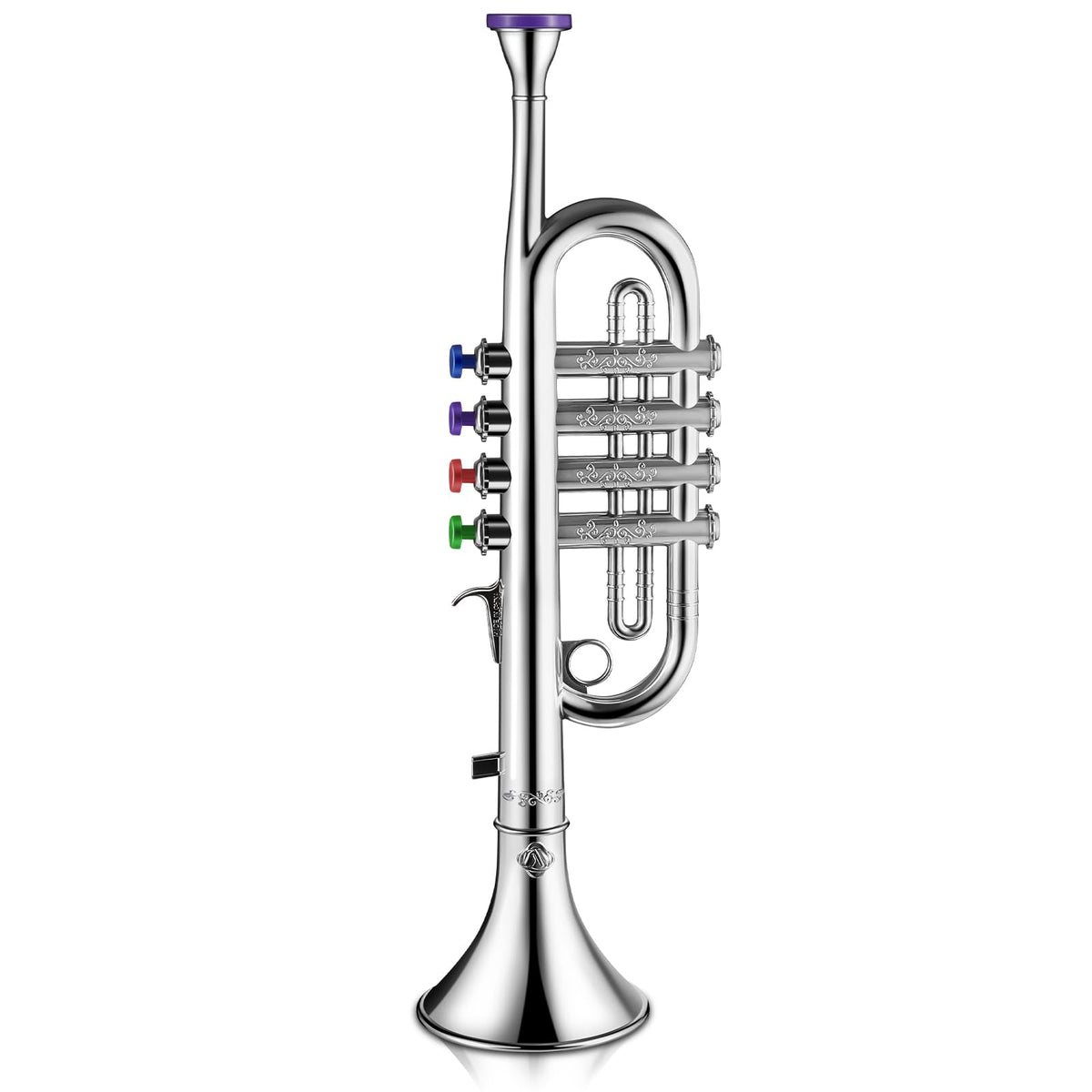 Lewtemi silver trumpet toy front view with color-coded keys for beginners.