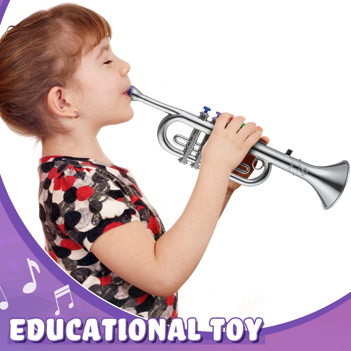 Lewtemi silver trumpet toy in child hands illustrating portability.