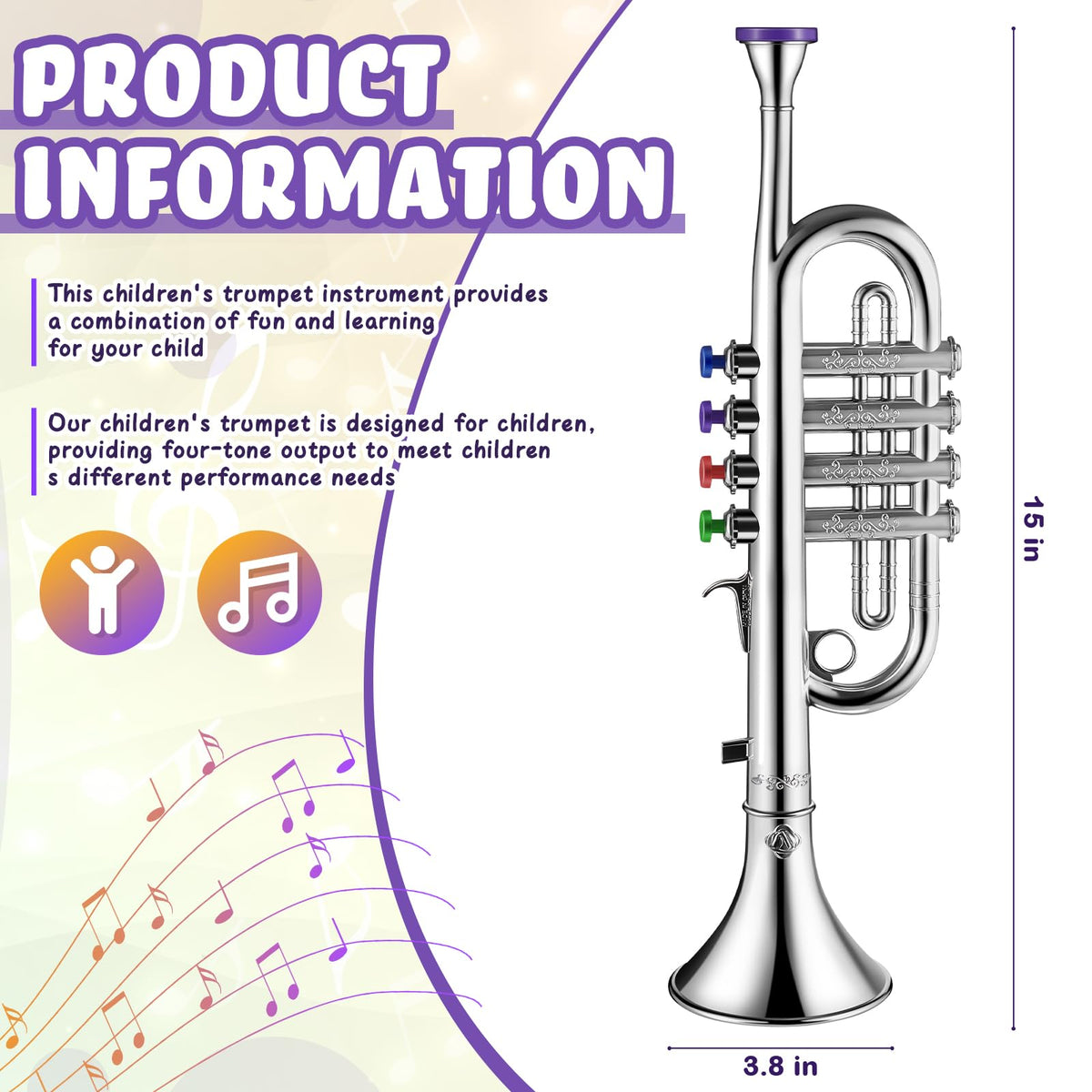 Lewtemi silver trumpet toy side view highlighting its durable plastic construction.