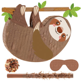 Lewtemi sloth pinata front view with leaves and confetti for party fun