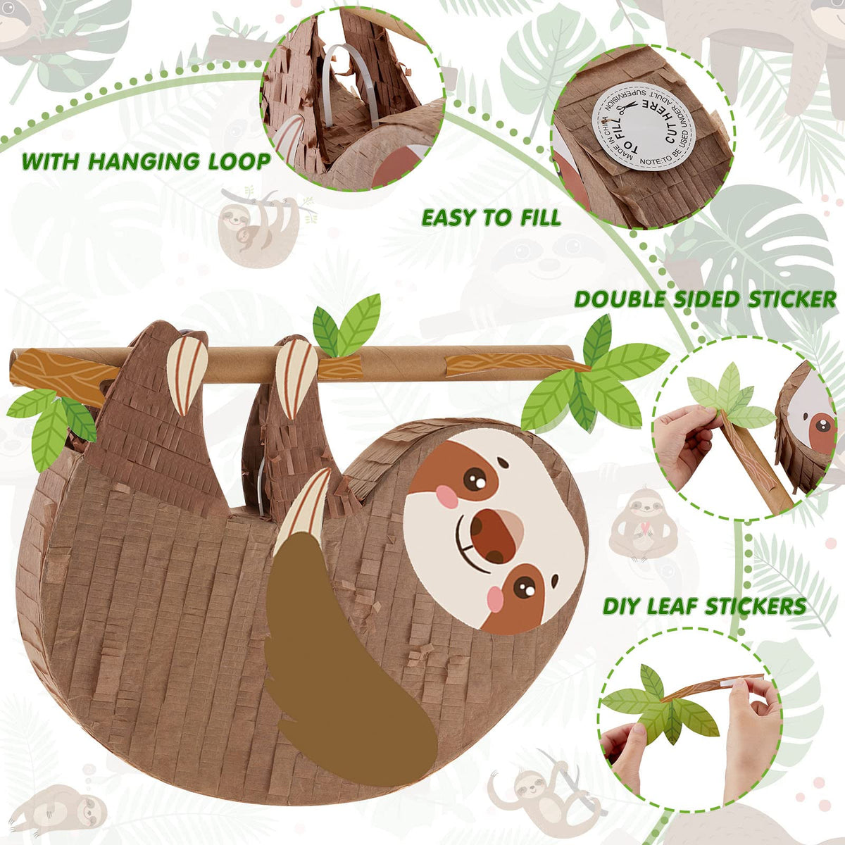 Lewtemi sloth pinata top loop for easy, secure hanging