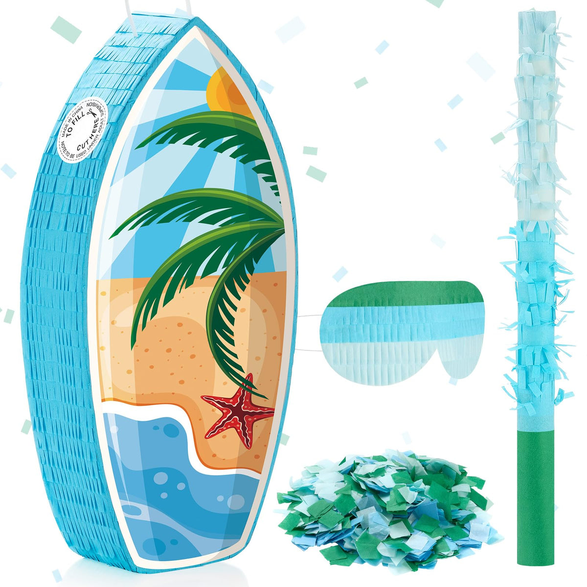 Lewtemi surfboard pinata as a bright centerpiece for a summer beach party.