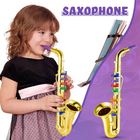 Lewtemi Gold Saxophone Toy being held by a child, inspiring pretend music sessions.