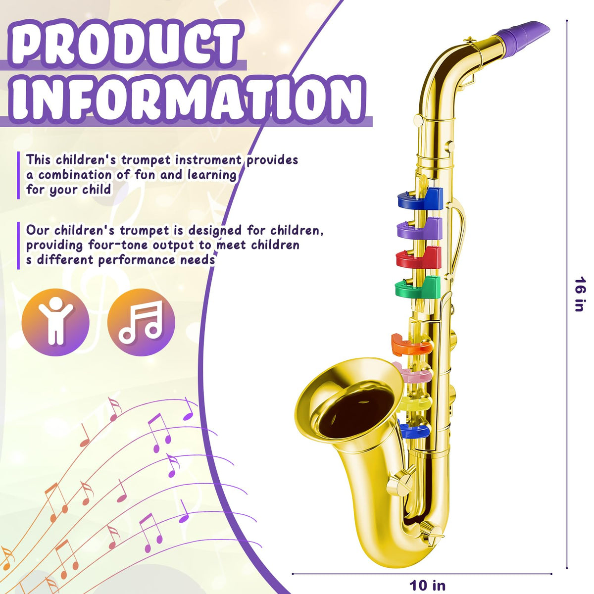 Lewtemi Gold Saxophone Toy, color-coded keys guiding kids through notes visually.