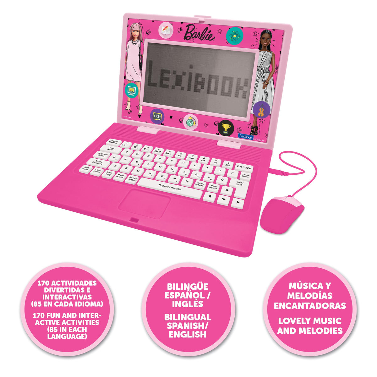 Lexibook Barbie bilingual laptop keyboard highlighting kid-friendly typing practice