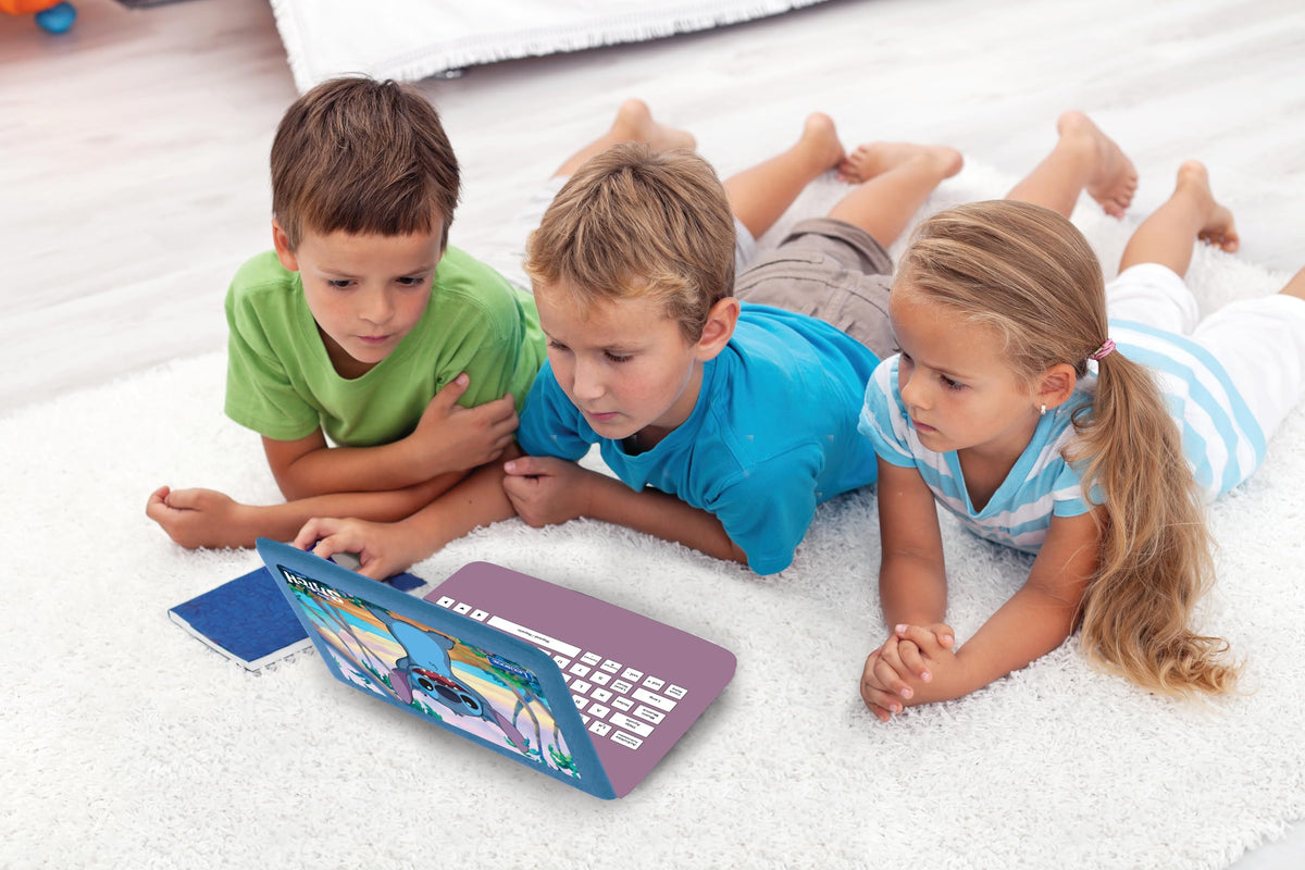 Lexibook Disney Stitch laptop kid using view demonstrates compact travel-friendly design