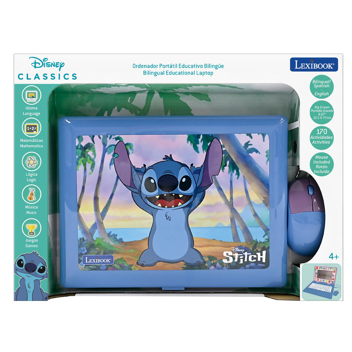 Music and game icons on Lexibook Stitch laptop invite play