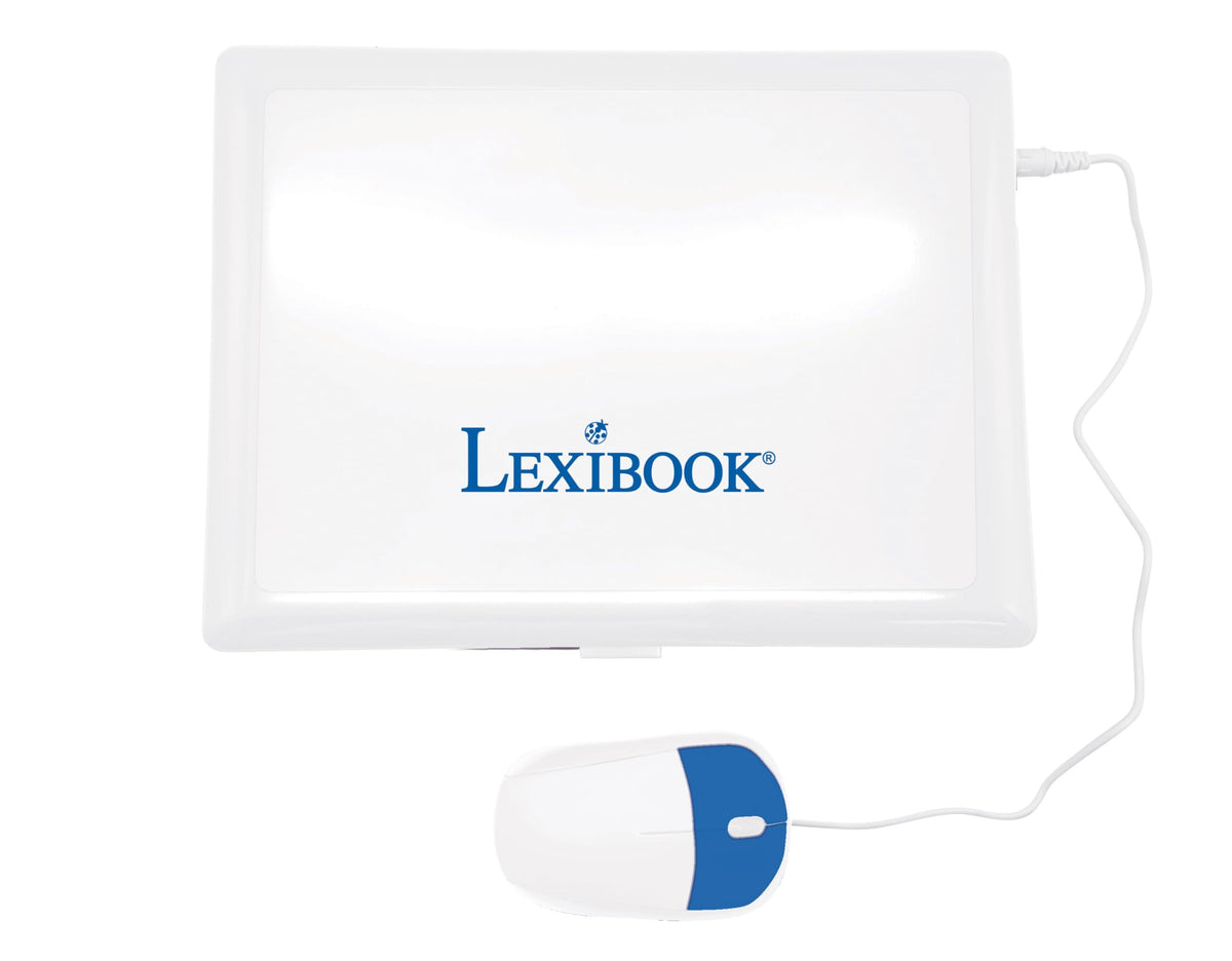 Lexibook educational laptop child using, illustrating bilingual learning in English and Spanish.
