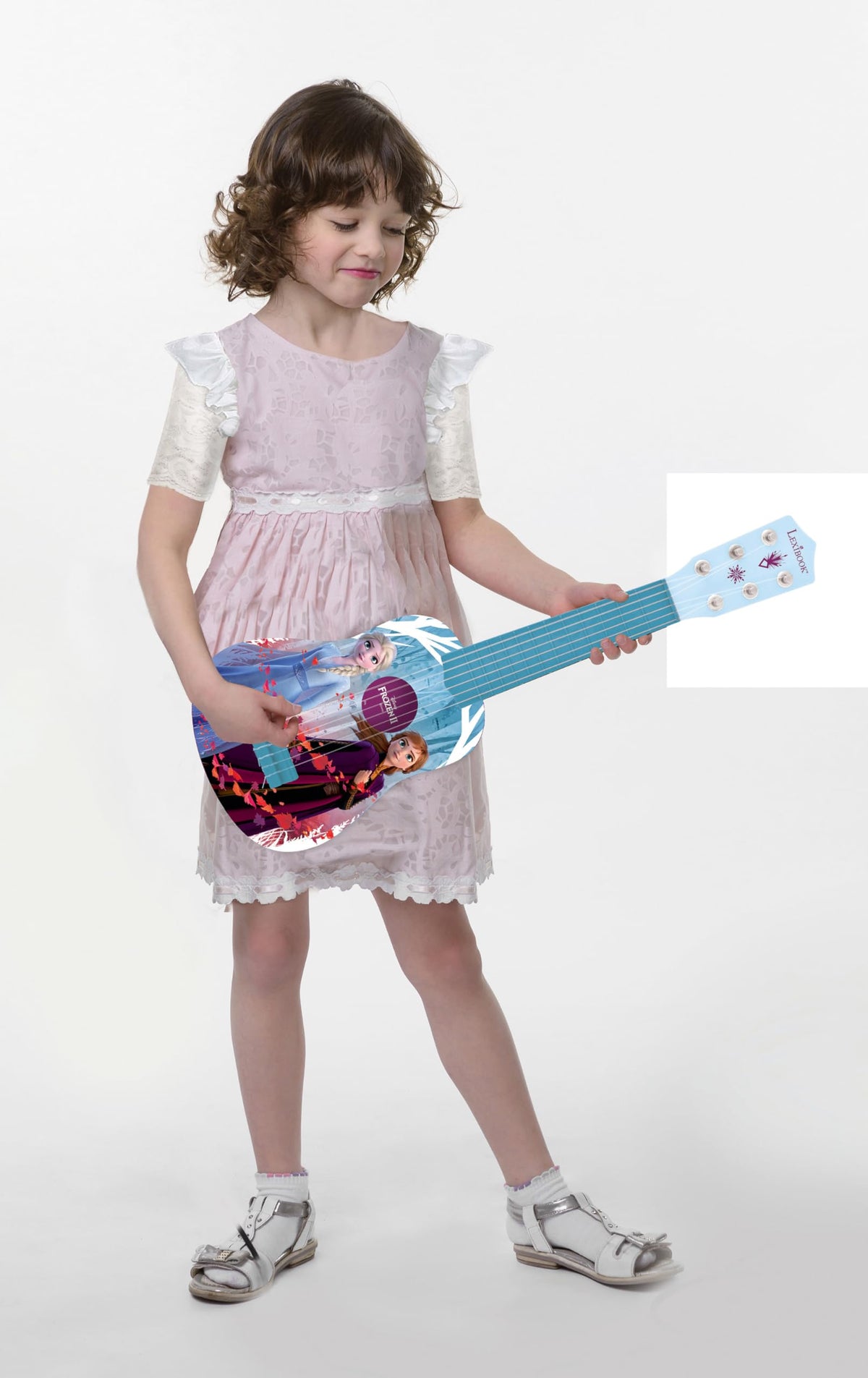 LEXiBOOK Frozen first guitar blue beginner guide included, supports early playing steps.