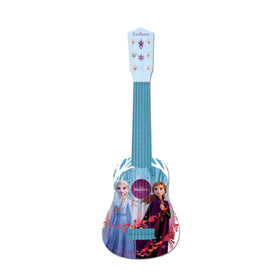 LEXiBOOK Frozen first guitar blue nylon strings close-up, nylon strings soften learning with tactile feel.