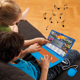 Lexibook Hot Wheels laptop screen shows interactive levels for gradual skill building.