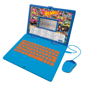 Lexibook Hot Wheels laptop screen displaying bilingual math and language activities for kids.