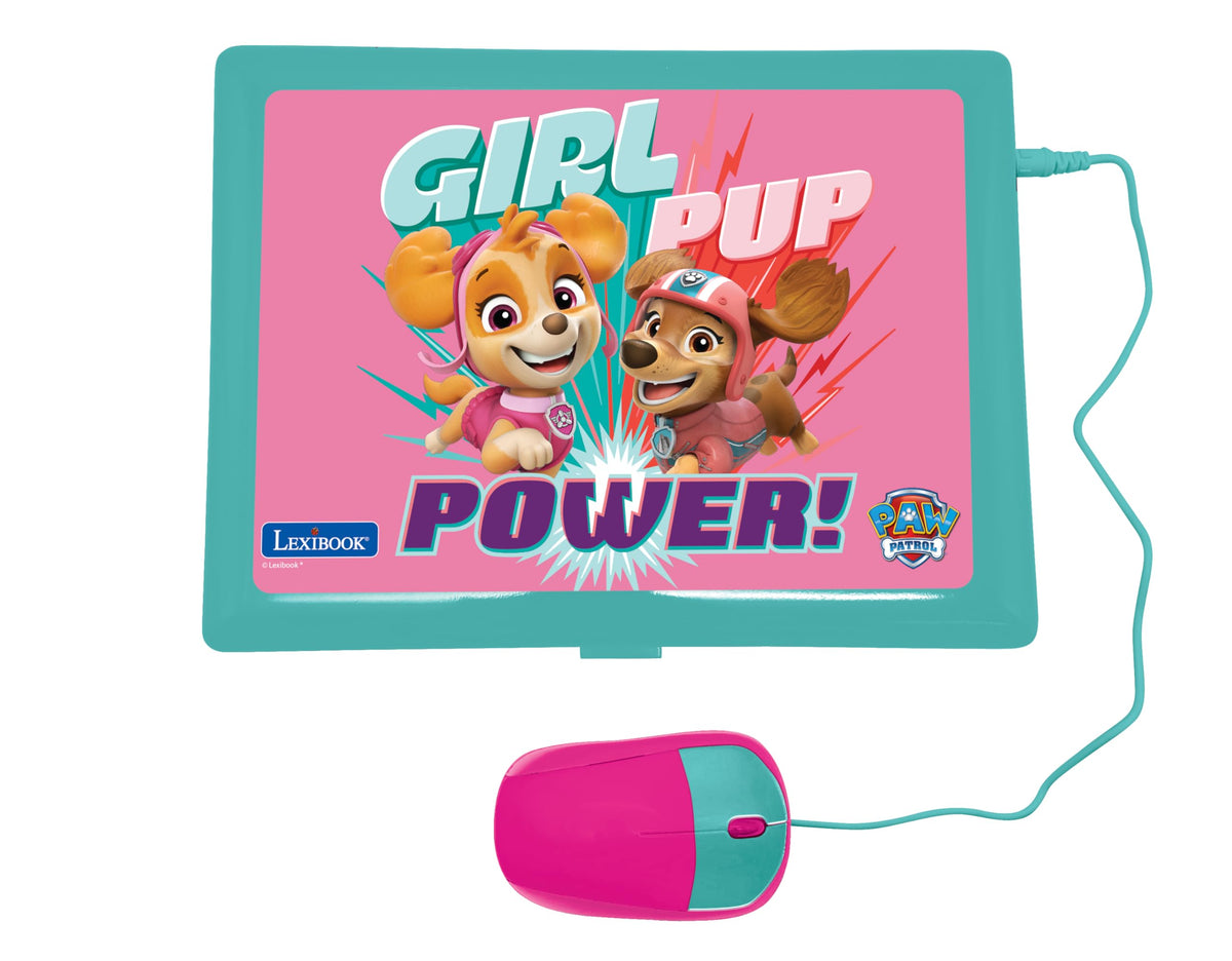 Lexibook Paw Patrol laptop screen showing math and time activities for kids