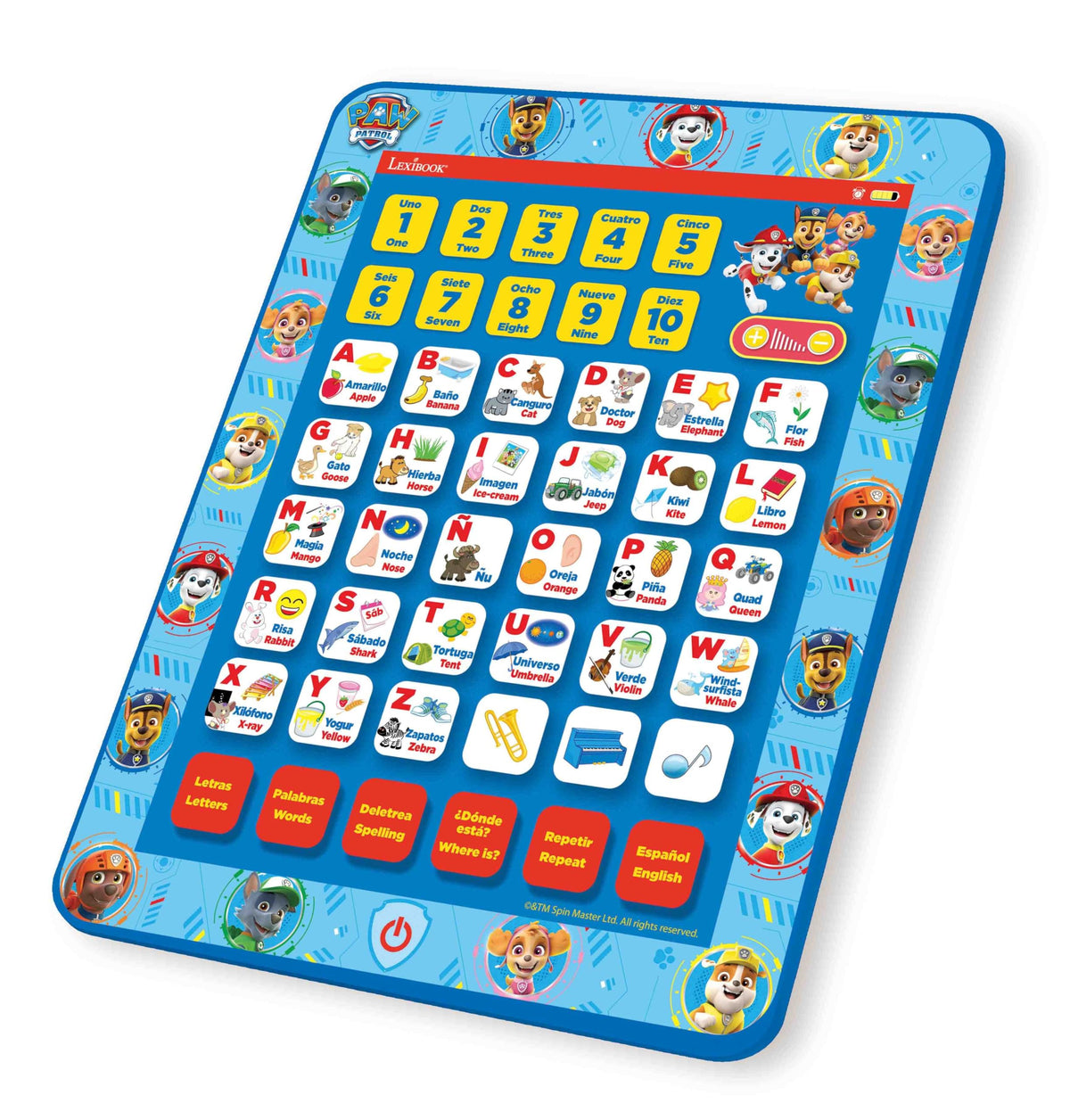 LEXiBOOK Paw Patrol learning tablet showing letters and sounds for early literacy