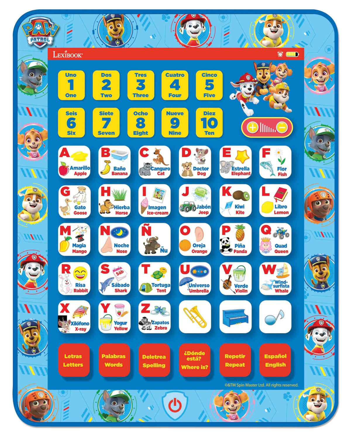 LEXiBOOK Paw Patrol tablet highlighting word spelling and vocabulary practice