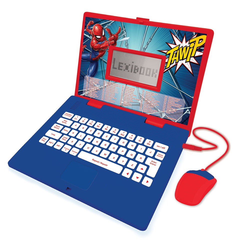 LEXiBOOK Spider-Man laptop front view promotes bilingual learning through engaging activities.
