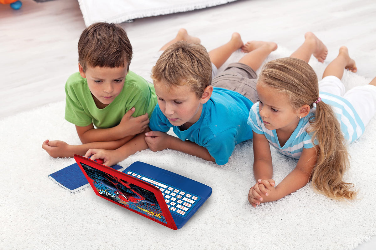 LEXiBOOK Spider-Man laptop kid using shows portable design for on-the-go learning.