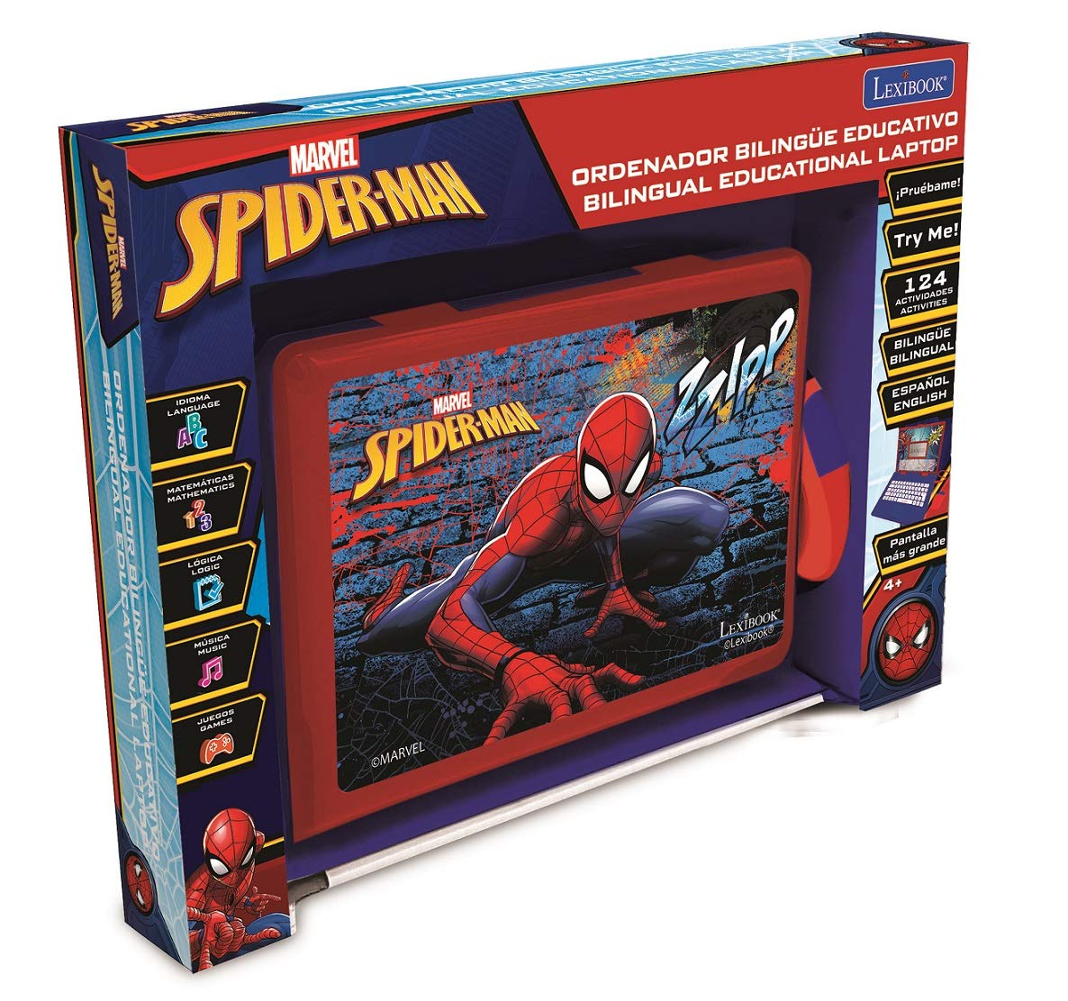 LEXiBOOK Spider-Man laptop LCD screen animations showcase dynamic lessons.