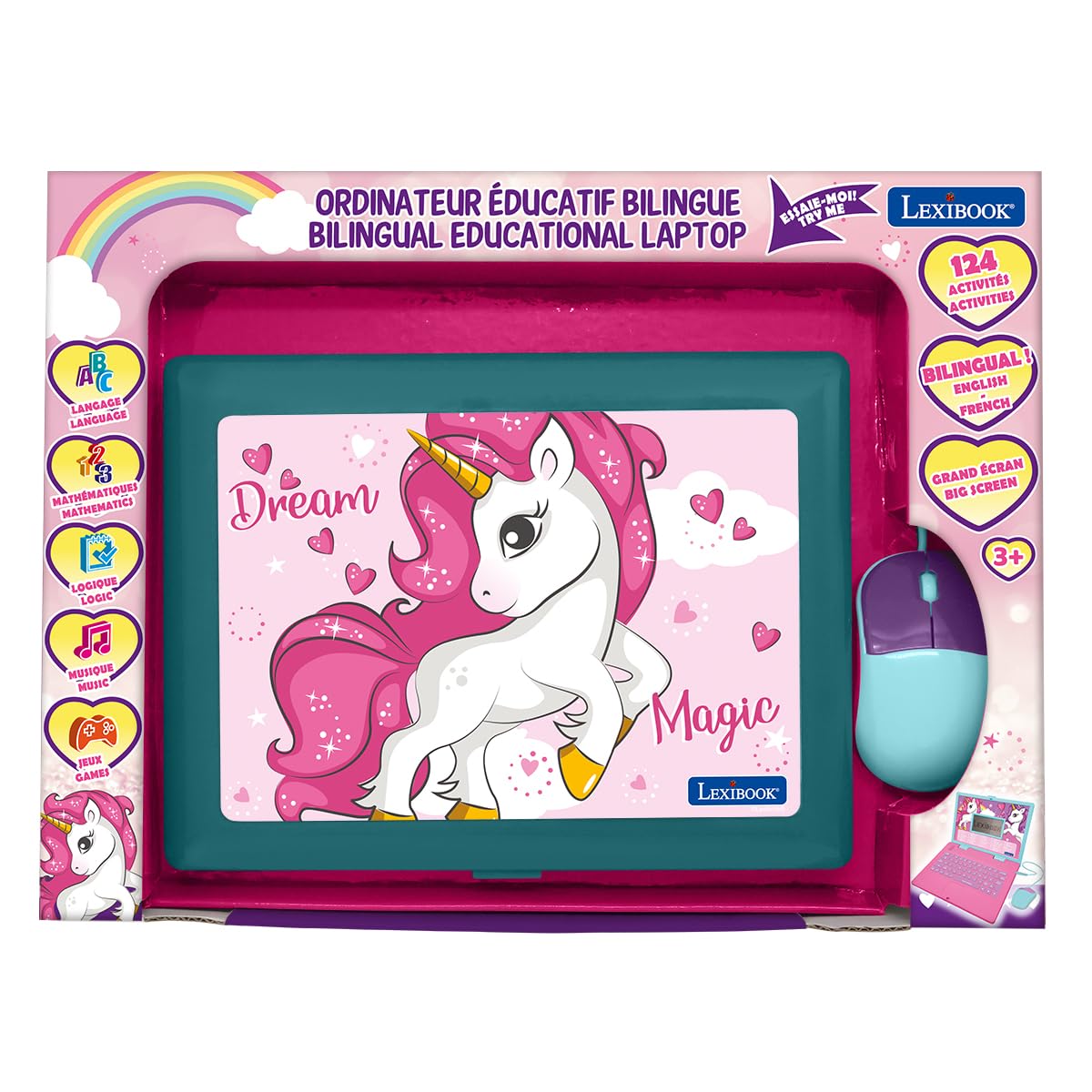 LEXiBOOK Unicorn laptop learning games enhance logic, memory, and speed in practice